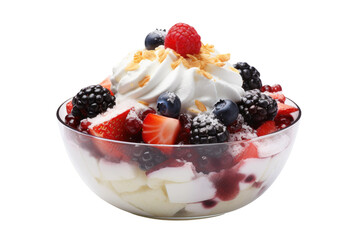 A Bowl of Fresh Fruit and Fluffy Whipped Cream. White or PNG Transparent Background.