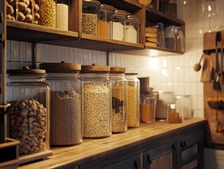 Cozy kitchen with glass containers of grains, nuts, and spices in soft morning light, warm tones.