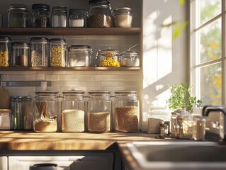 Cozy kitchen with glass containers of grains, nuts, and spices in soft morning light, warm tones.