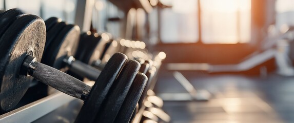 Fototapeta premium Row of black metal dumbbells arranged on rack in brightly lit gym, ready for strength training workout