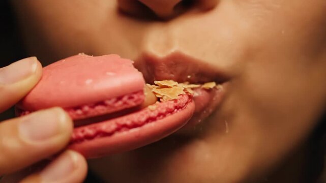 An extreme closeup shows a person's mouth biting into a delicate and crispy pink macaron cookie causing it to crumble in a delicious and satisfying moment

