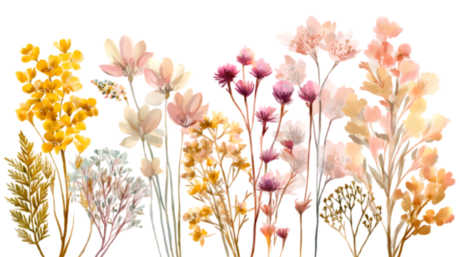 A delicate arrangement of dried wildflowers in various pastel colors including soft pink peach and yellow hues isolated on white background isolated on transparent background