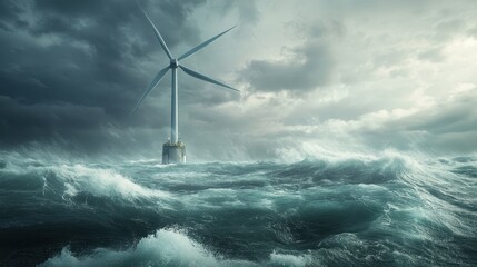 Floating wind farm in deep ocean, engineers inspect turbines from boat under misty, stormy skies.