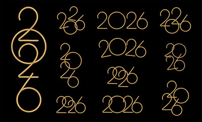 2026 Happy New Year logo text design set. Stylish Golden Numerals Design for 2026 and Digits. Collection Happy New Year symbols. Vector illustration with isolated on black background.