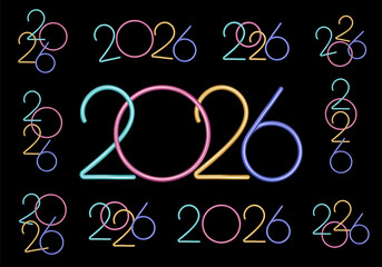 2026 Happy New Year logo text design set. Stylish metal colorful Numerals Design for 2026 and Digits. Collection Happy New Year symbols. Vector illustration with isolated on black background.
