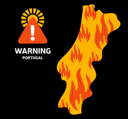 Warning wildfire in Portugal vector illustration with map isolated on white background.