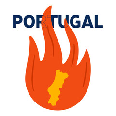 Warning wildfire in Portugal vector illustration with map isolated on white background.