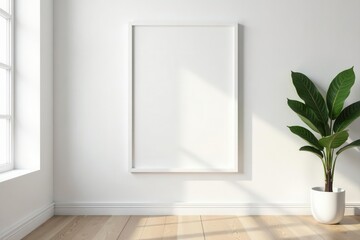 Simple white frame on white wall Minimalist interior design element , empty frame, wall