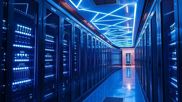 Futuristic server room corridor illuminated by blue LED lights, creating geometric light trails.