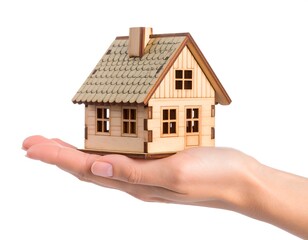 Small wooden house model held in a hand.