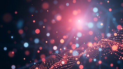 Abstract data visualization with floating geometric shapes and light particles.