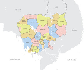 Detailed map of the Kingdom of Cambodia with administrative divisions and borders of neighboring countries, vector illustration on white background
