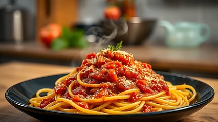 Close-up of delicious spaghetti with rich tomato sauce, steam rising from the plate.