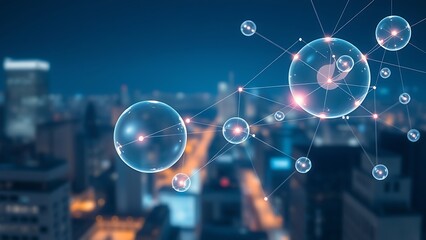 Floating translucent spheres connected by glowing lines, symbolizing global business networks.