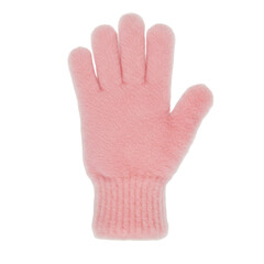 Soft pink furry knitted glove isolated on white, isolated on white background