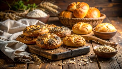 Assorted baked goods on a rustic wooden surface