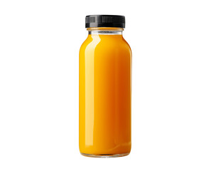A plastic bottle filled with bright orange juice showing healthy fruit drink on a Transparent PNG White background
