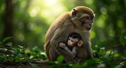 Fototapeta premium Jungle Serenity: A Macaque Mother's Gentle Embrace for Her Wide-Eyed Infant
