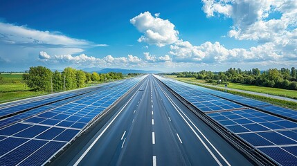 Realistic solar-covered highway generating clean energy, blending futuristic infrastructure with sustainable design for large-scale electric transport, sleek and functional under bright daylight.