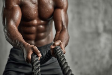 Strong sportsman pulling heavy battle ropes during an intense cross training workout, showcasing determination and effort in a gym setting