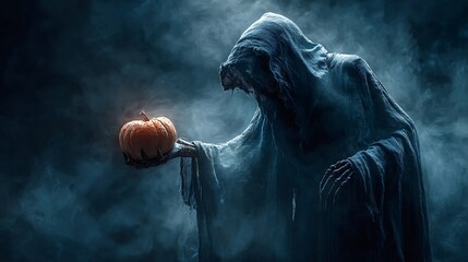 Obraz premium Cloaked figure of death, holding a glowing pumpkin, creates an eerie halloween scene within a dark, smoky atmosphere, evoking feelings of fear and mystery during the autumn season