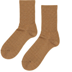 Ribbed knit wool socks in earthy brown tones, textured fabric detail, isolated on white background