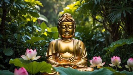 Fototapeta premium Golden Buddha statue surrounded by lush green foliage and vibrant lotus flowers in a serene spiritual garden setting