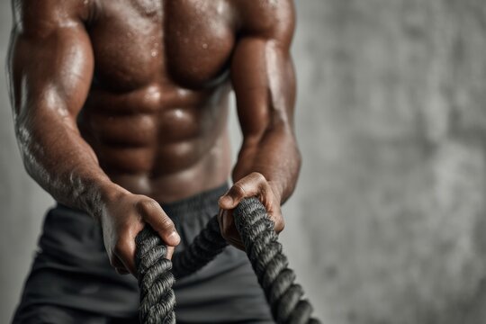 Strong sportsman pulling heavy battle ropes during an intense cross training workout, showcasing determination and effort in a gym setting - Powered by Adobe
