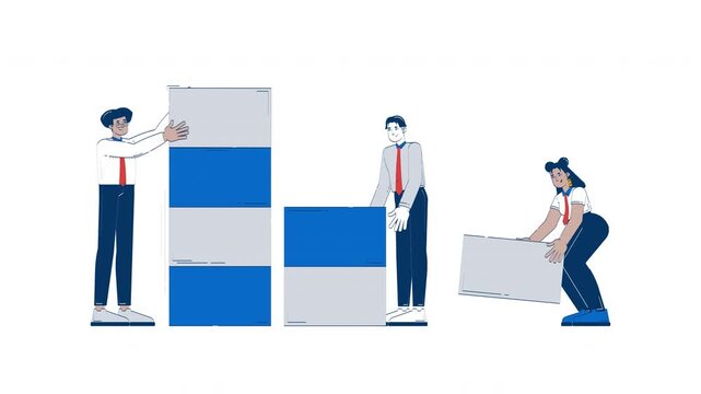 Data analytics team building dataset hand drawn whiteboard animation. Data visualization. Analysts stacking blocks into bar graph animated doodle handdrawn concept pencil drawing 4K video