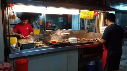 Street food vendor cooking delicious satay skewers for customers at an outdoor stall