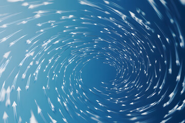 Dynamic Swirling Vortex of Arrows on Blue Background, Abstract 3D Animation Style