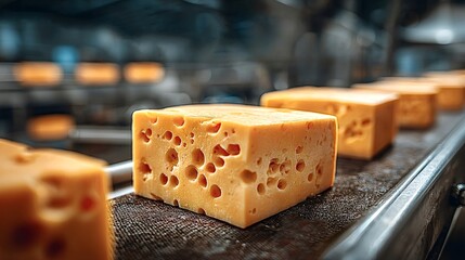 Production line inside cheese factory showing big blocks of fresh cheese continuously moving on conveyor belt, representing industrial food production and automation