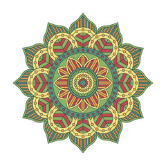 Vector mandala isolated on white background. Ornament card with mandala on green and yellow colors. Oriental pattern, vintage decorative element for design