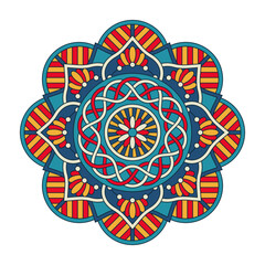 Vector colorful circular mandala isolated on white background. Tribal ornament in yellow and blue colors. Oriental pattern, vintage decorative element for book, card, textile, fashion print