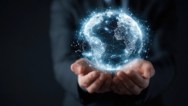 Glowing digital globe cradled in hands, symbolizing global connectivity and technological advancement