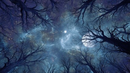 A surreal, upward view of leafless trees silhouetted against a cosmic night sky, featuring a bright moon and nebulae