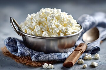 Cottage cheese curds are overflowing a metal bowl sitting on a blue checkered cloth napkin with a rustic wooden spoon laying beside it on a gray textured surface