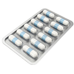 Medical blister pack containing twelve white and blue capsule pills isolated on transparent background