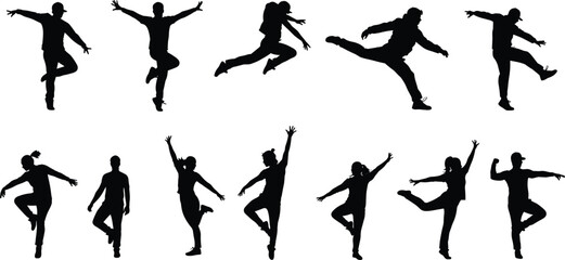 Dancing and jumping people silhouettes – expressive dance poses, energetic street moves, hip-hop jumps, and balance stances in vector format