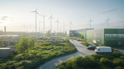 Sustainable industrial complex with eco-factories, electric vehicles, and workers assembling green products, with wind turbines in the background under clear daylight in greens, blues, and browns.