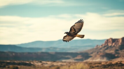 Majestic hawk soars across the desert landscape, demonstrating its freedom and agility in nature