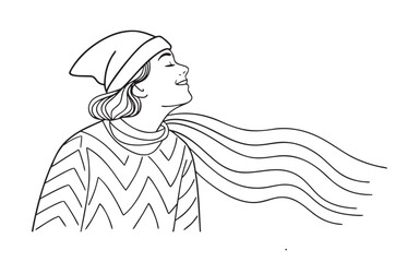 Fototapeta premium Line art illustration of a person wearing a beanie and scarf, with the scarf blowing dramatically in the wind.