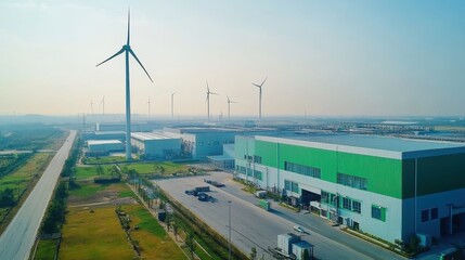 Sustainable industrial complex with eco-factories, electric vehicles, and workers assembling green products, with wind turbines in the background under clear daylight in greens, blues, and browns.