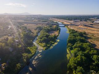 Aerial landscape of Yakima River Valley nature during summer in Kennewick Richland Washington
