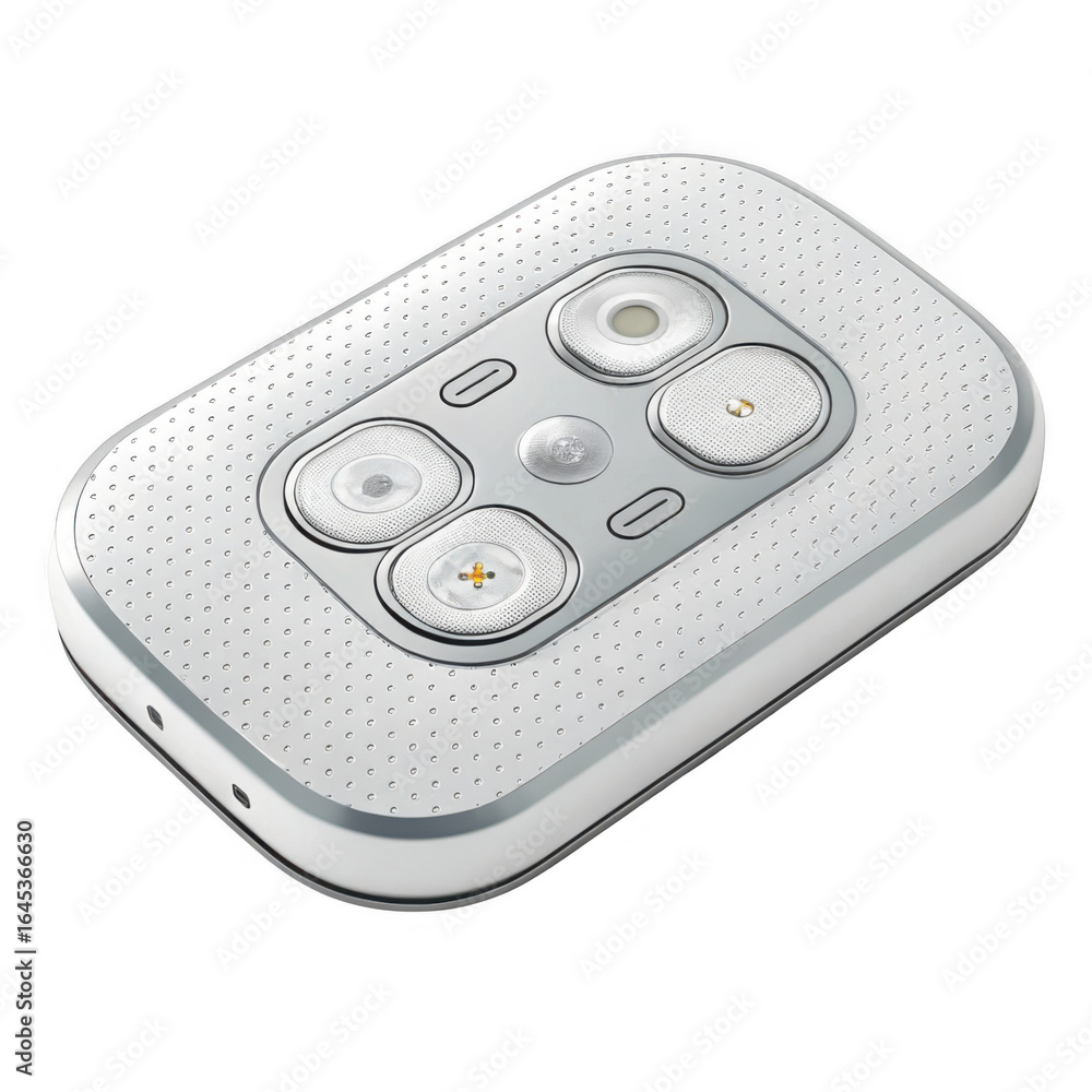 Poster modern white oval remote control with four circular buttons and additional controls isolated on tran