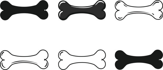 Dog bone icons set – black and white cartoon style bone shapes, outlined and filled dog treat vector illustrations