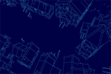 A medieval cityscape in blue contour line art features detailed buildings and environmental elements. The minimalist drawing captures historic architecture with clean outlines against a solid.