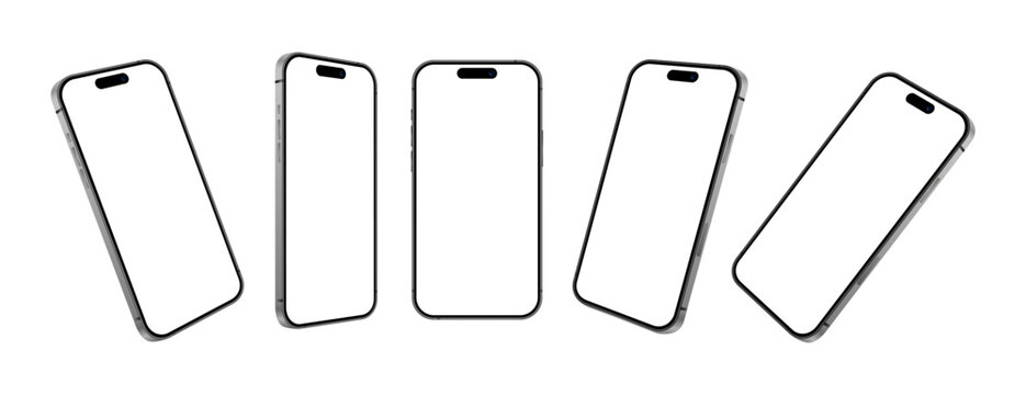 iPhone 16 Pro Max mobile phone devices, blank screen front and side angle mockup set for advertisement on white background. Modern smartphone vector illustration