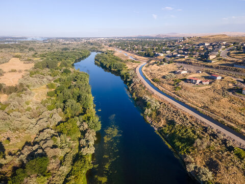 Aerial landscape of Yakima River Valley nature during summer in Kennewick Richland Washington