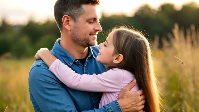 Father and daughter sharing a tender moment, embracing in a sunlit field, creating a heartwarming scene of familial love and connection